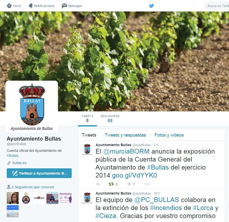 El Ayuntamiento de Bullas abre perfiles en Twitter y Facebook
