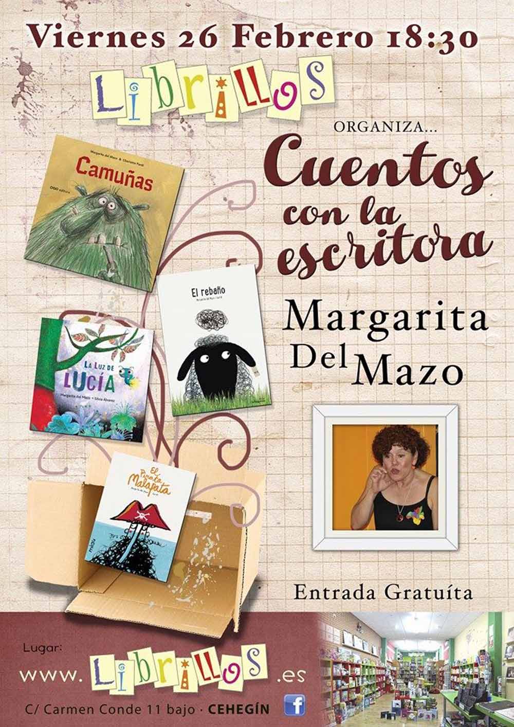 Cuentos con la escritora Margarita del Mazo el 26 de febrero en la librería de Cehegín Librillos