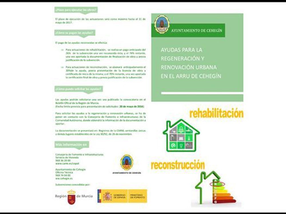 La concejalía de Urbanismo de Cehegín publica un folleto sobre el Plan de Rehabilitación de Vivienda (ARRU)