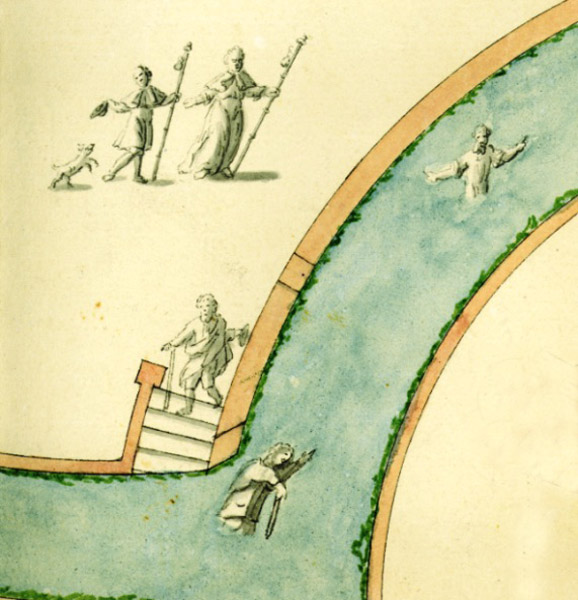 Peregrinos y fieles introduciendose en el agua tras la ceremonia del baño en 1762