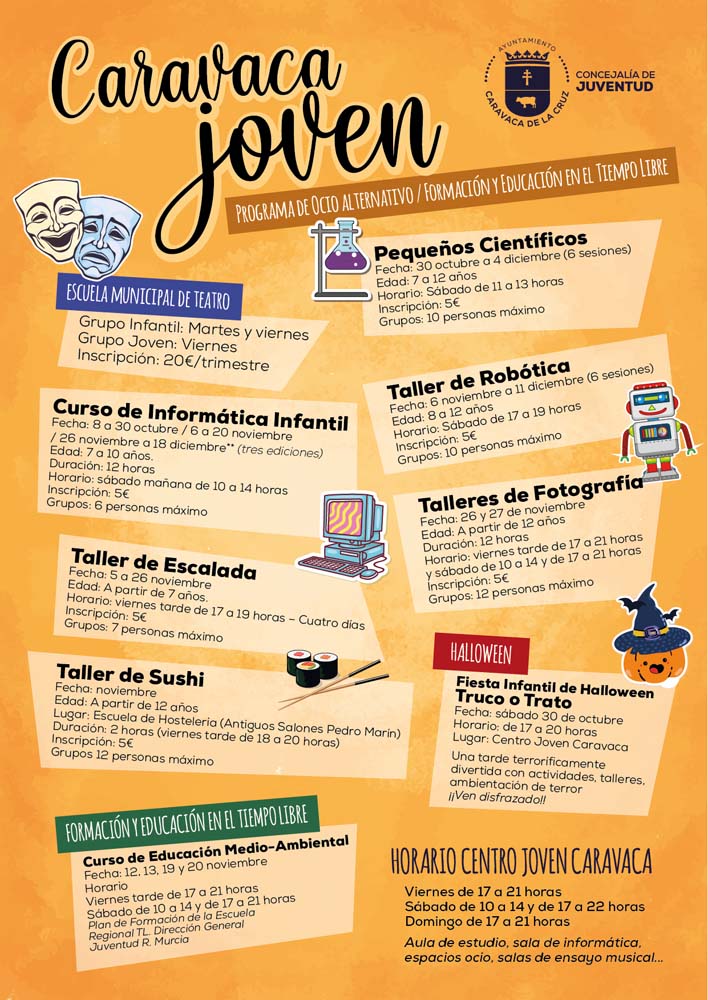 El Ayuntamiento de Caravaca oferta una programación de talleres y cursos para niños y jóvenes en fines de semana