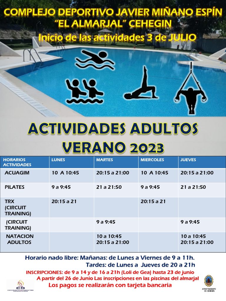 Deportes de Cehegín oferta las actividades de adultos para el Verano 2023