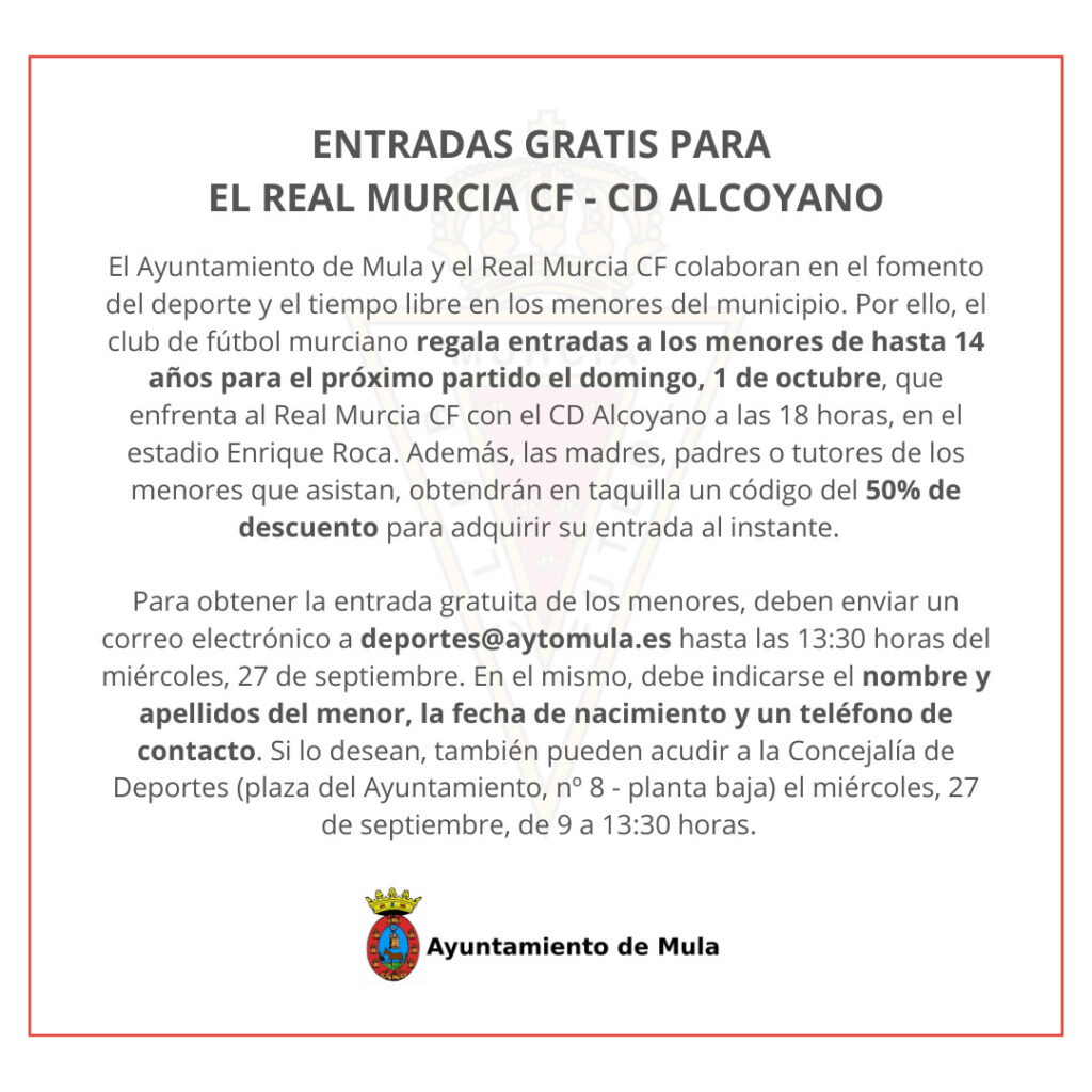 El Real Murcia CF regala entradas para el partido del domingo, 1 de octubre a los menores de hasta 14 años